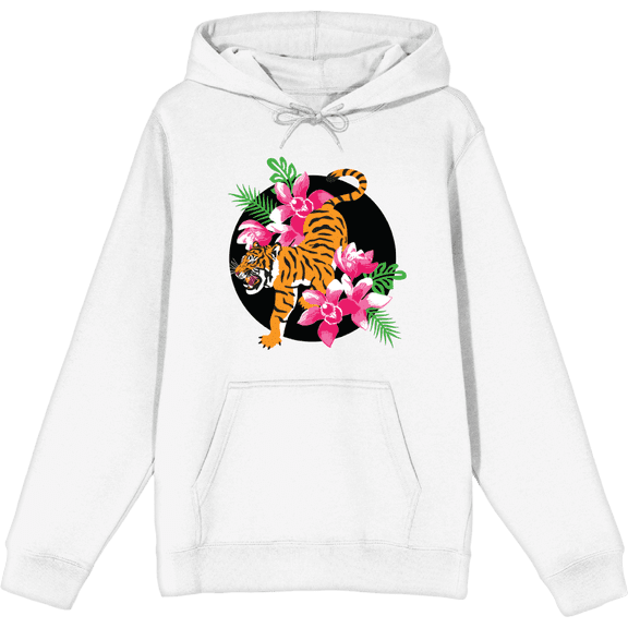 Natural World Tiger & Flowers White Adult Long Sleeve Hoodie-Medium