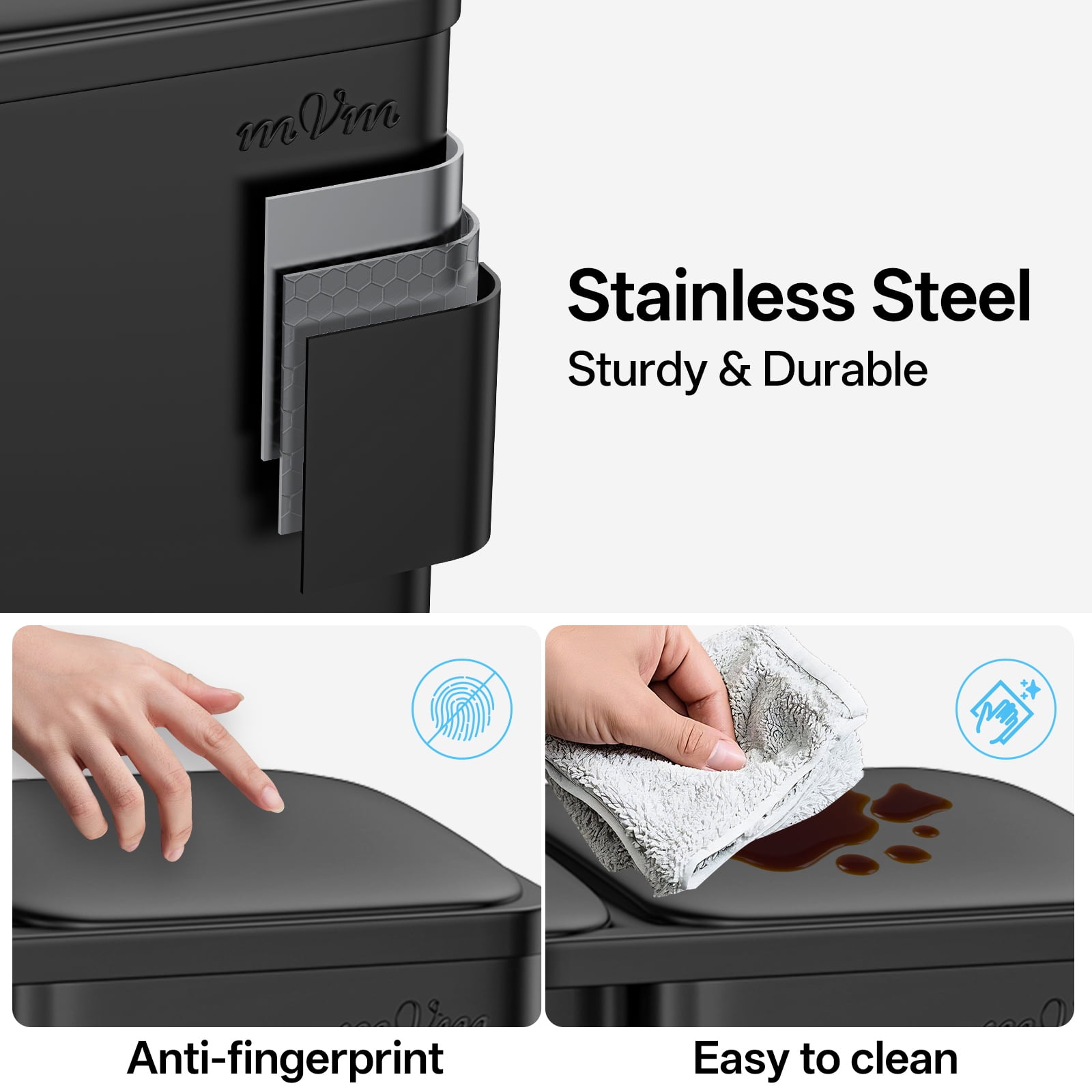 mVm 16 Gal 3 Compartment Kitchen Trash Can, Triple Stainless Steel Garbage Can, Heavy Duty Anti Fingerprint Recycling Bin for Office Home（Black）