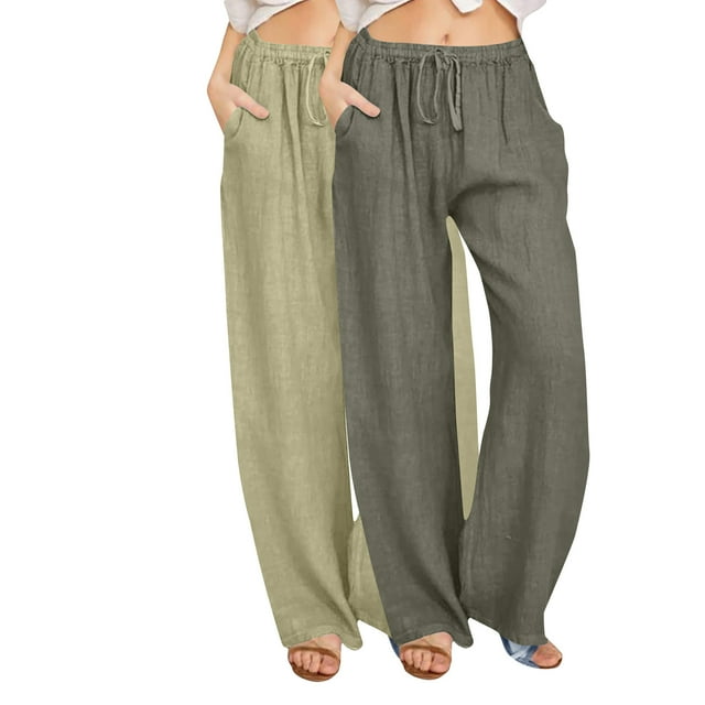 Enjoytime 2 Pack Womens Work Pants Solid Color Drawstring Elastic Waist Wide Leg Pants Lounge Workout Trousers with Pockets Business Casual Plus Size Clothes Green L