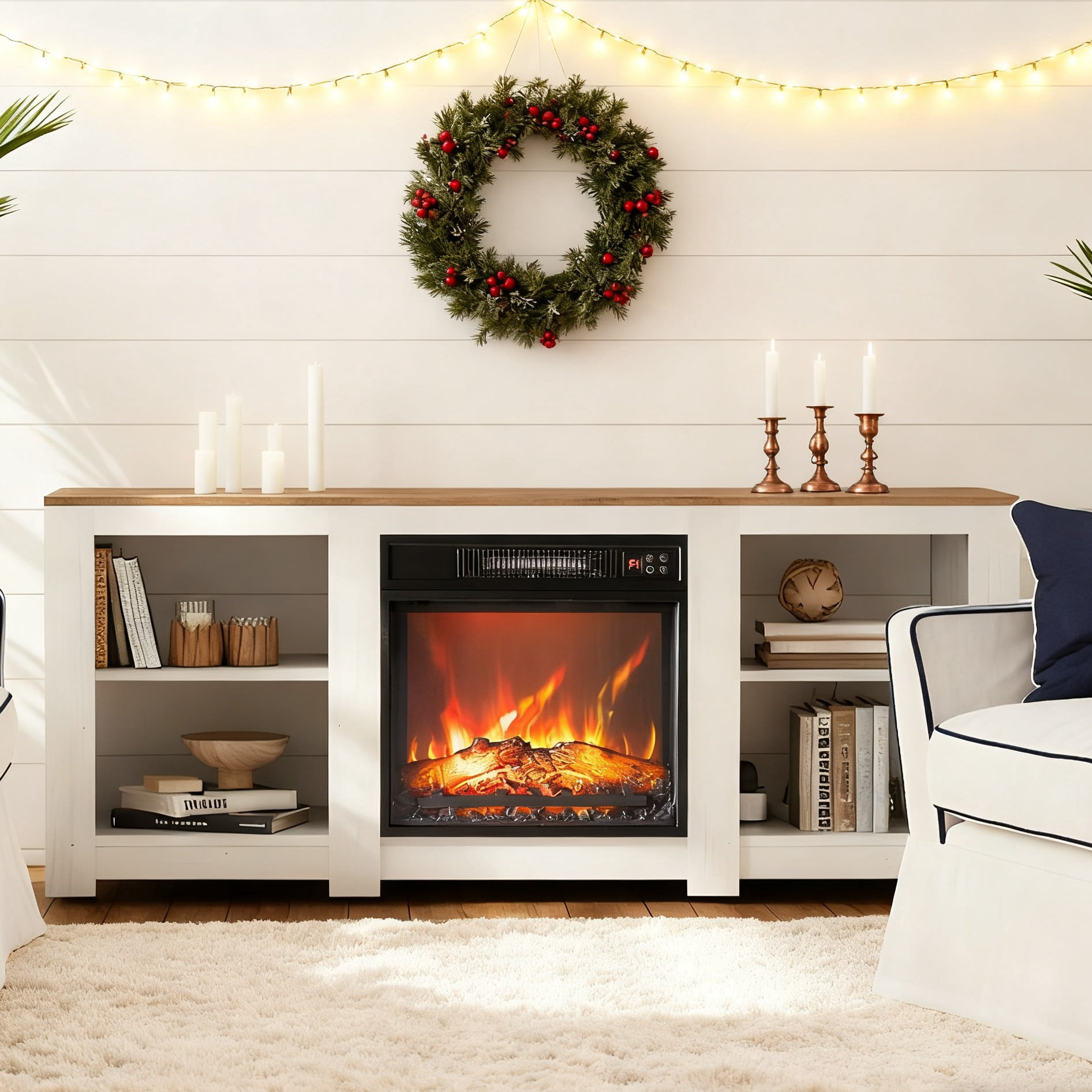 Ktaxon Farmhouse TV Stand with 18in Fireplace, Modern Entertainment Center TV Stand Display Table for 55/60/65" TVs with Open Storage, Off White