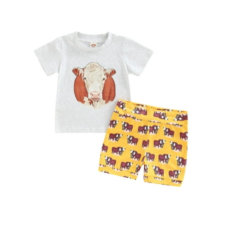 

Suanret Toddler Infant Baby Boys 2Pcs Clothes Sets Cartoon Cow Print Round Neck Short Sleeve Tops + Shorts Outfits Light Gray 12-18 Months