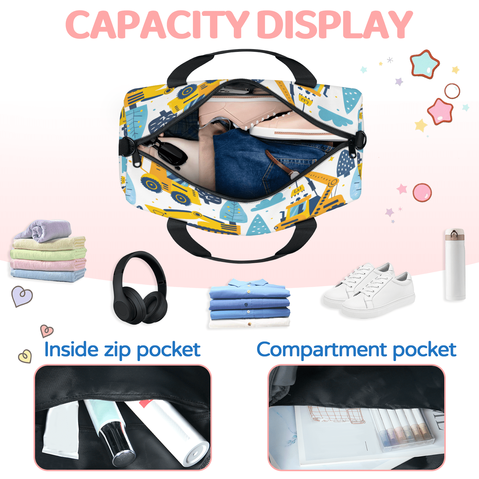 Herdesigns Construction Gym Bag for Women, Duffle Bag for Travel Sport, Excavator Vehicle Lightweight Waterproof Carry on Weekender Dance Yoga Workout Bags