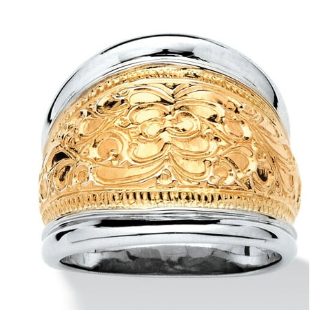 - 14k Yellow Gold-Plated Sterling Silver Two-Tone Scroll Motif Cigar Band Ring