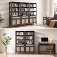 thumbnail image 4 of SICOTAS 68.5" Tall Rattan Bookshelf Set of 3 with Large Drawer & 2 Doors, Boho 5-Tier Bookcase with Adjustable Shelf, Display Storage Shelves for Living Room, Home Office, Black Oak, 4 of 9