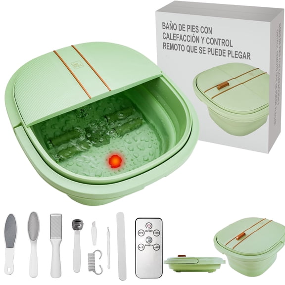 UNIFULL Foot Spa Bath with Heat and Temperature Control, Massager Roller, Bubble, Remote Control, Pedicure Kit, Red Light, Large Heating Foot Bath-Green