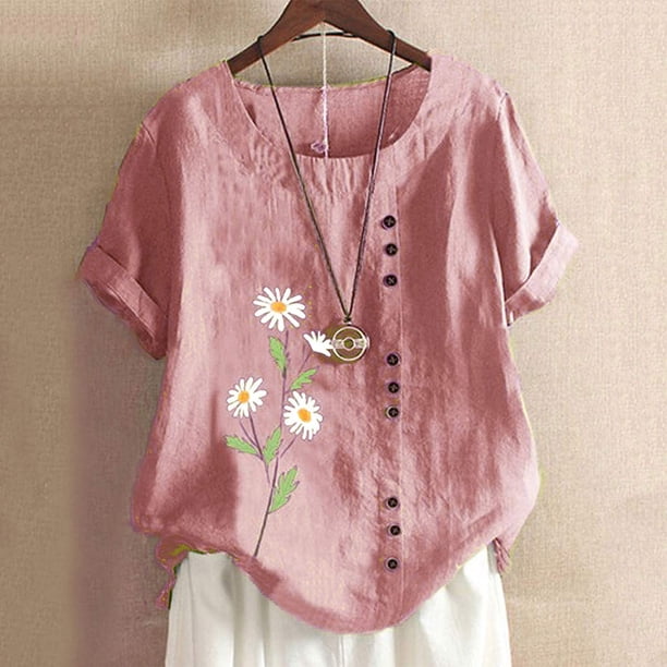 Pntutb Mujer Verano Casual Cuello Redondo Manga Corta Impreso Camisa Suelta Tops Blusa Pntutb Pntutb-621