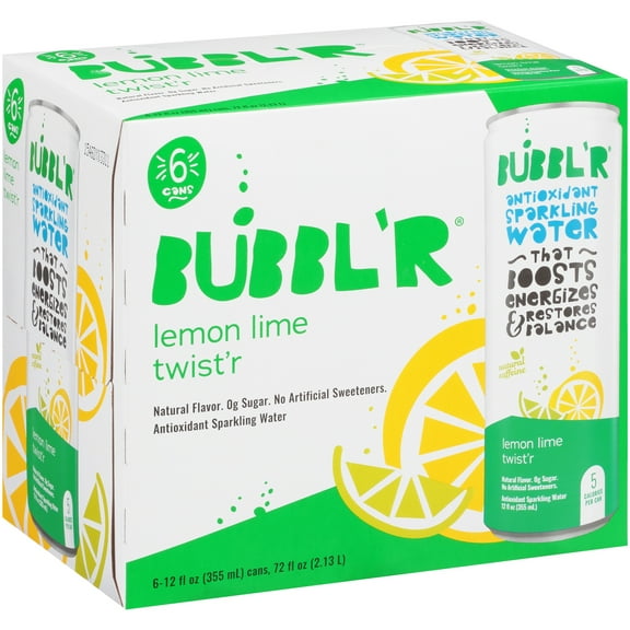 BUBBL'R Antioxidant Sparkling Water, Lemon Lime Twist'r, 12 fl oz, 6 Pack Cans
