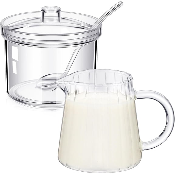 8.5 Ounce Sugar and Creamer Set, 3 Piece Set with Acrylic Cream Pitcher, Glass Sugar Bowl with Lid and Spoon, Coffee Serving Sets Wedding Gift