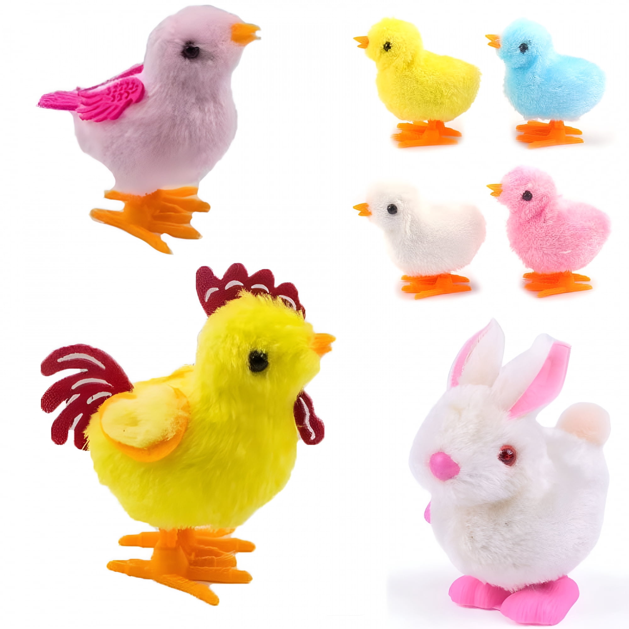 BESTSKY 7pcs Fluffy Walking Chicks Jumping Bunny Toys Easter Basket Fillers Wind Up Party Favor Toys for Spring Celebrations Stocking Stuffers