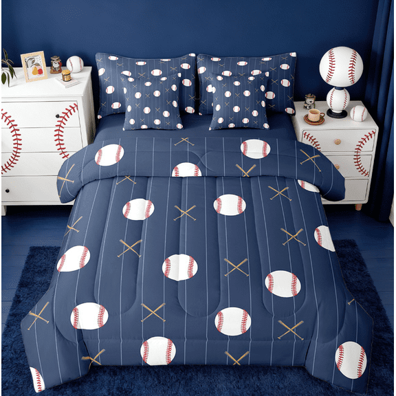 Manfei Baseball Bedding Sets Twin Size,Sports Theme Comforter Sets with Sheets,Blue White Bed in a Bag Twin Size For Boys,Ultra Soft Room Decorative Reversible,7-Piece