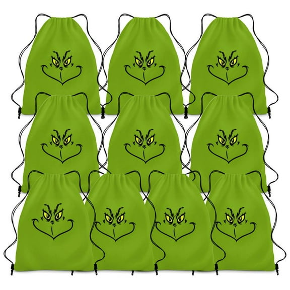 10 Pcs Green Drawstring Christmas Gift Bags,Cartoon Green Monster Drawstring Bags Set Bulk 7 x 5 Inch Waterproof Beach Pack for Christmas Grinchhs Gift Party