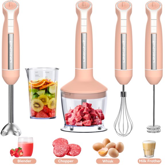 LINKChef Mixeur Plongeant, Mélangeur à Main 5 en 1 de 1000 W à 20 Vitesses, Mélangeur à Main avec Mode Turbo, Robot Culinaire pour Bébé avec Hachoir, Mélangeur de Cuisine avec Bol de 600 ml (Pêche)