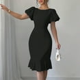 thumbnail image 5 of Uaswgudfs Women's Short Sleeve Fitted Midi Dress - Summer Casual Ruffled Hem & Pleated Accents, Knee-Length Style Black L, 5 of 9