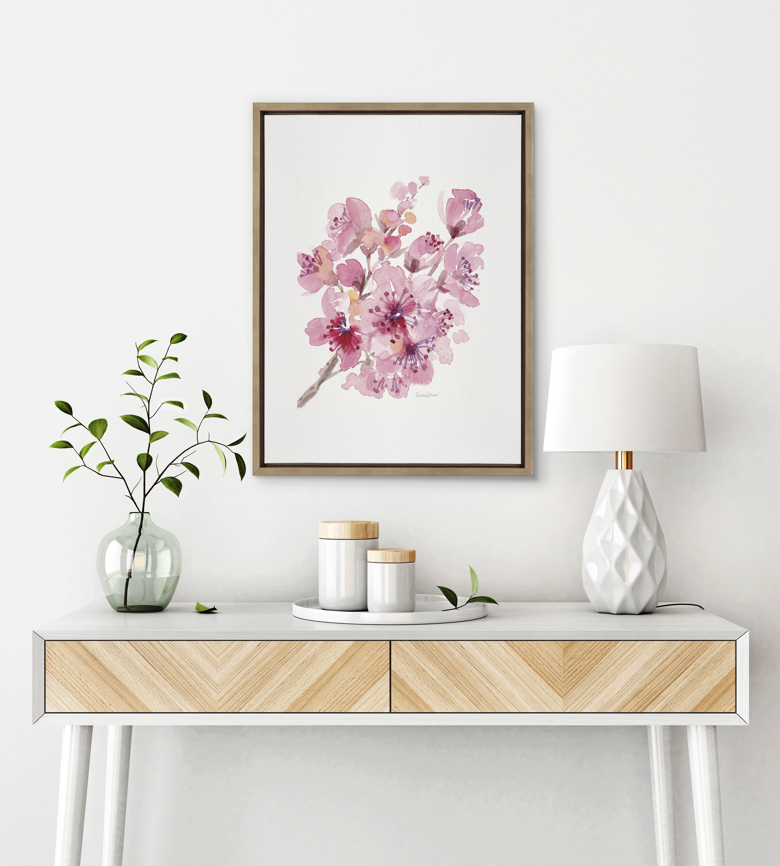 Kate and Laurel Sylvie Cherry Blossom 2 Framed Canvas Wall Art by Patricia Shaw, 18x24 Gold, Decorative Watercolor Floral Art for Wall