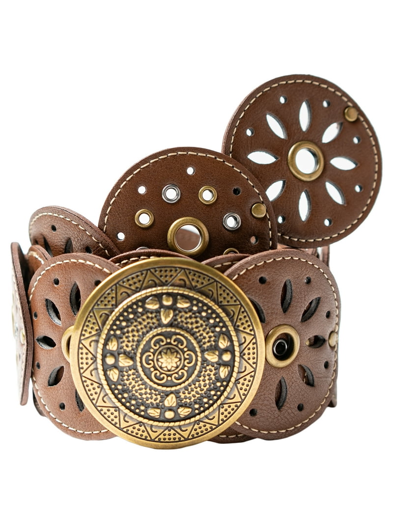 Brown Western Concho Vegan Leather Belt - Brown Western Style Concho Vegan Leather Belt - Vegan Leather Belts main image 3