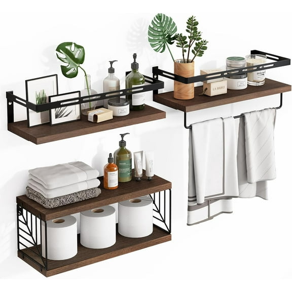 3 1 Tier Wall Mounted Bathroom Shelves Over Toilet, Rustic Wood Floating Shelves with Metal Frame and Towel Bar for Bathroom, Kitchen, Bedroom, Living Room (Dark Brown)
