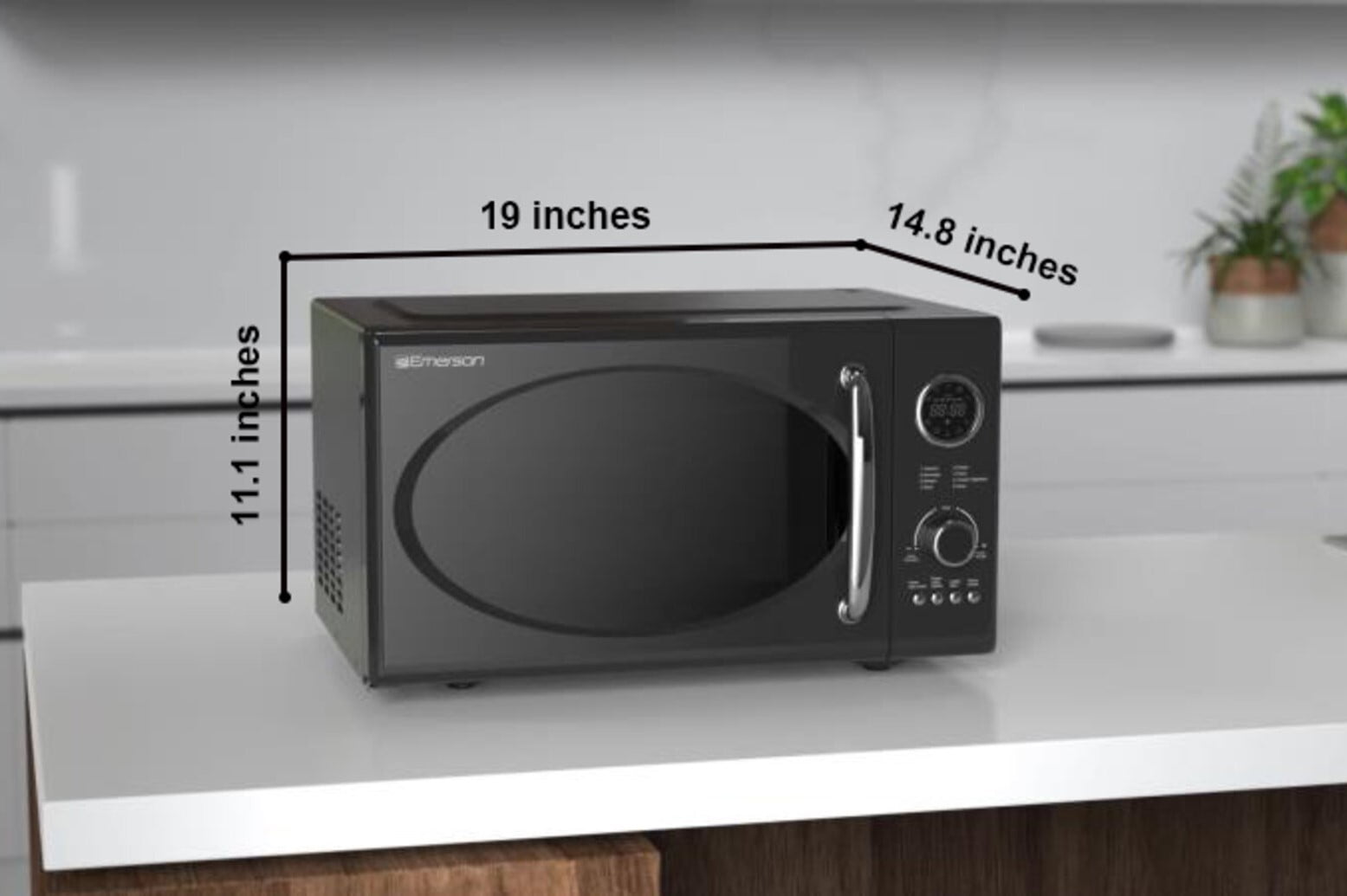 Emerson Radio MWR7020W Digital, 700W with 5 Micro Power Levels, 8 Pre-Programmed Settings, Express & Defrost, Chrome Handle & Control Buttons, Timer