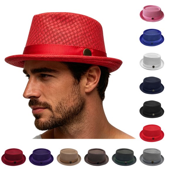 Lispipm Summer Mesh Pork Pie Hat for Men Women Roll Brim Retro Party Cap Travel Beach Sun Hats Classic Outdoor Breathable Caps Green