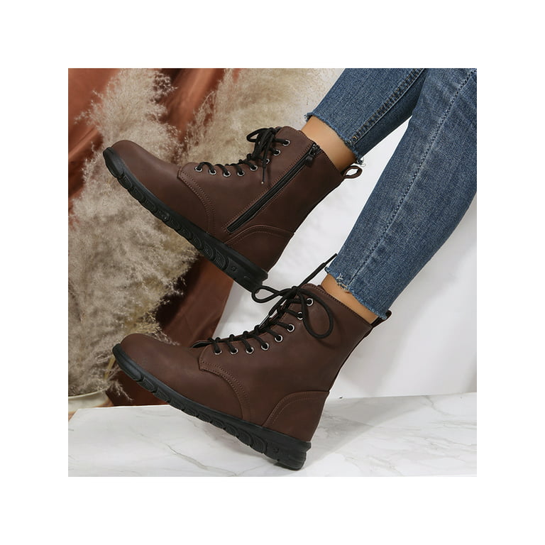 GENILU Women Fashion Ankle Boots Side Zipper Short Walking Flat Leather Booties Dark Brown 7 - Walmart.com