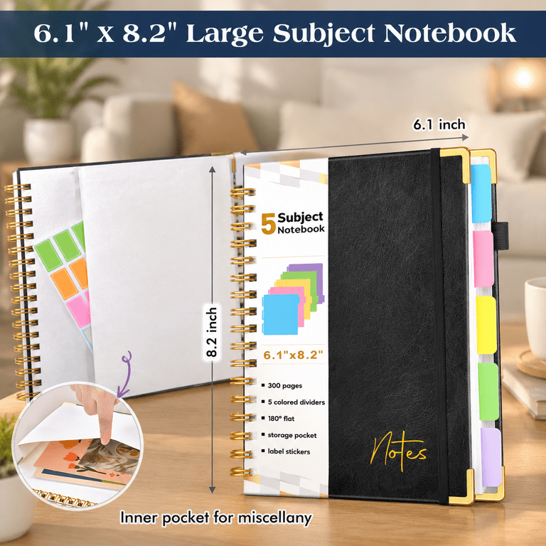 Sujce Notebook Black A5 Hardcover Leather 5 Subject College Ruled Spiral Notebook ...