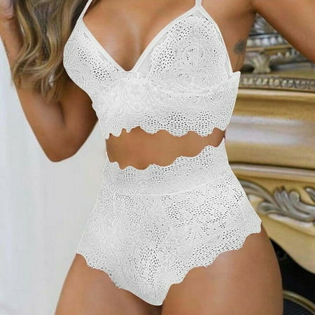 

ALSLIAO Women Sexy Sheer Lace Thong Push Up Bra Set Panties Underwear Lingerie Nightwear White M