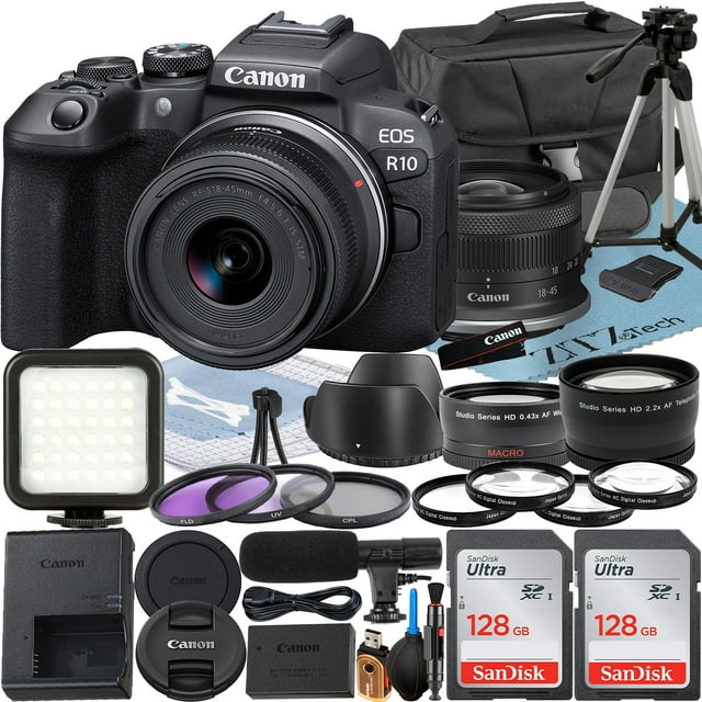 Canon EOS R10 Mirrorless Camera with RF-S 18-45mm Lens + 2 Pack SanDisk 128GB Memory Card + Case + ZeeTech Accessory