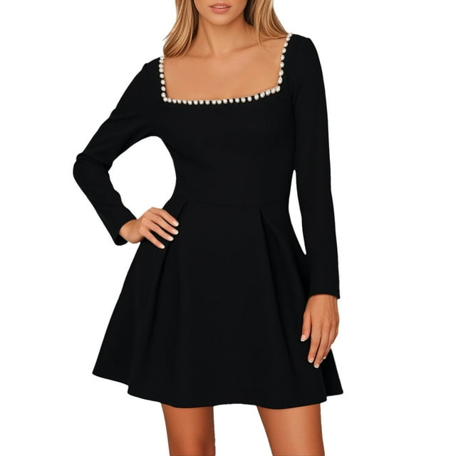 Mini vestido de manga larga para mujer - Vestido corto con cuello cuadrado perlado y volantes en el dobladillo, vestido elegante para novias y fiestas, mezcla de poliéster