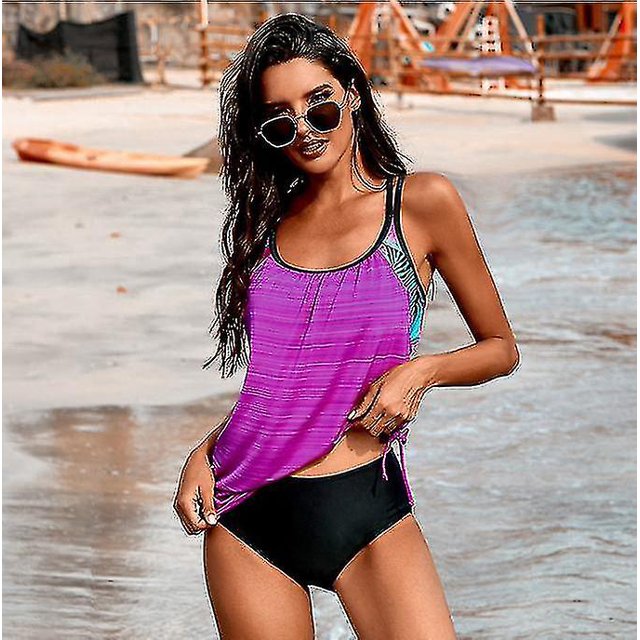 Trajes de baño de verano para mujer Trajes de baño tankini a rayas de color sólido con pantalones cortos Trajes de baño