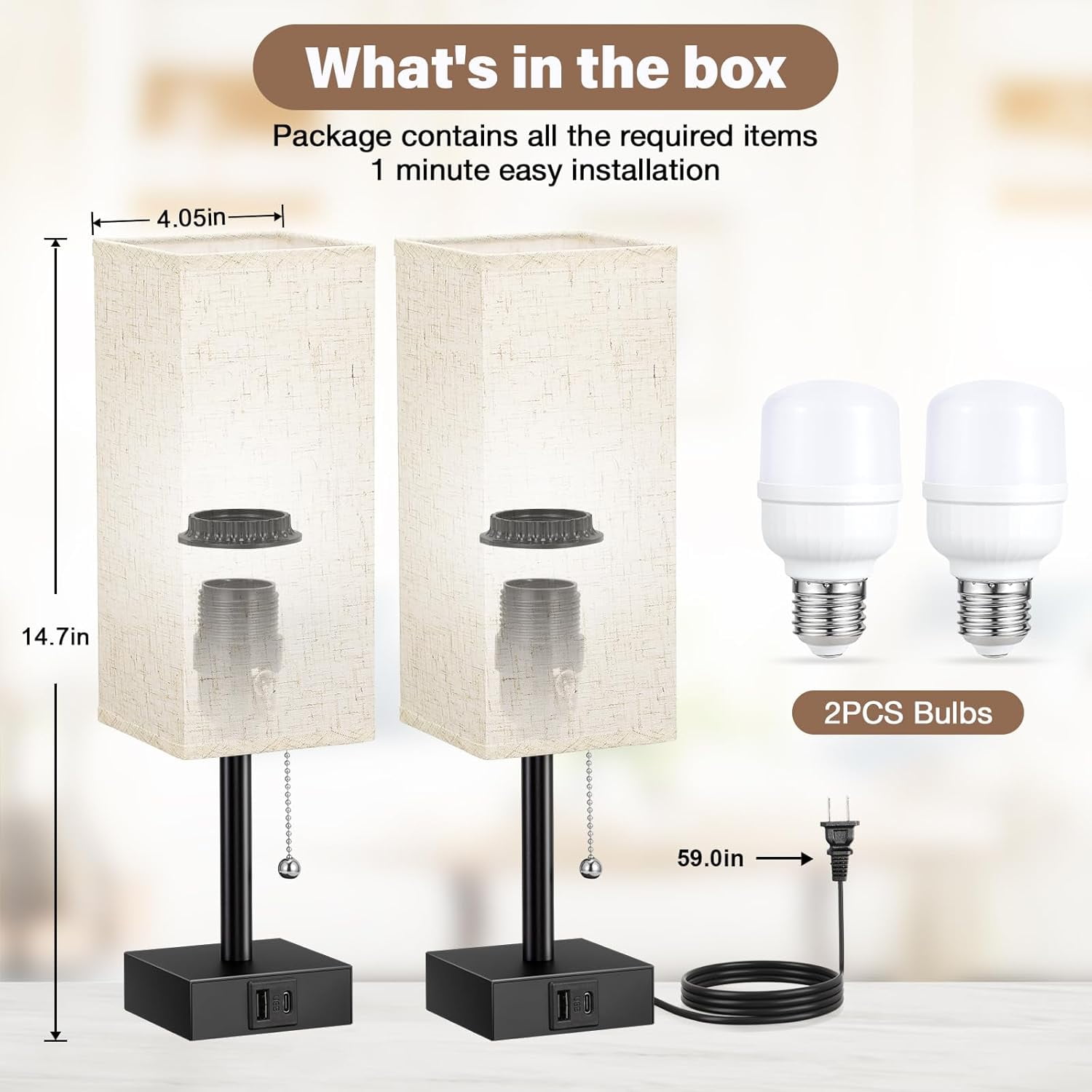 LUFF Table Lamps for Bedroom Set of 2 ，Bedside Small Lamps with 3 Way Dimmable Rocker Switch, Minimalist Night Stand Light Lamp with Square Fabric Shade for Living Room, Desk, LED Bulb included