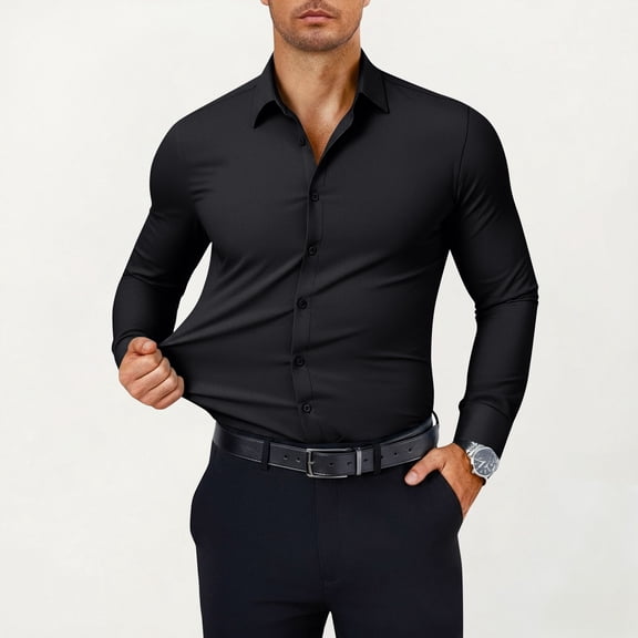 Men's Formal Dress Shirts Long Sleeve Button Down Stretch Business Shirts Regular Fit Wedding Shirts for Professional Wear Black S