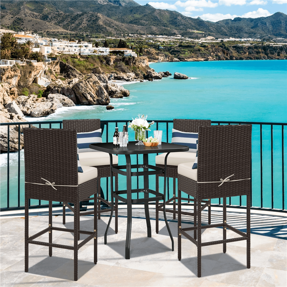 Alden Design 2pcs PE Rattan Bar Stool Set with Cushion for Outdoor, Brown/ Beige