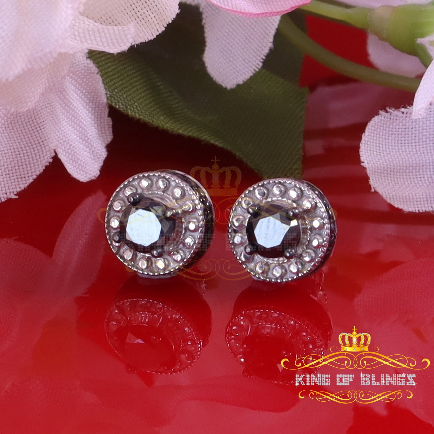 King of Bling's 0.75ct Black Diamond 925 Silver White for Men's/Womens Stud Round Halo Earrings