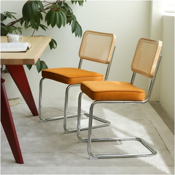 JERFIT Velvet Upholstered Dining Chairs Set of 2, Mid Century Modern Rattan Side Chairs with Chrome Metal Legs for Kitchen, Living Room