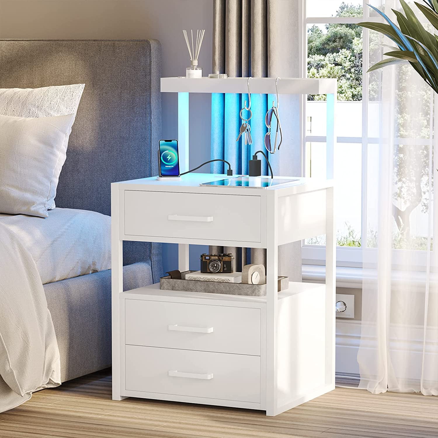 LED Nightstand for Bedroom with LED Lights & Charging Station, Modern
