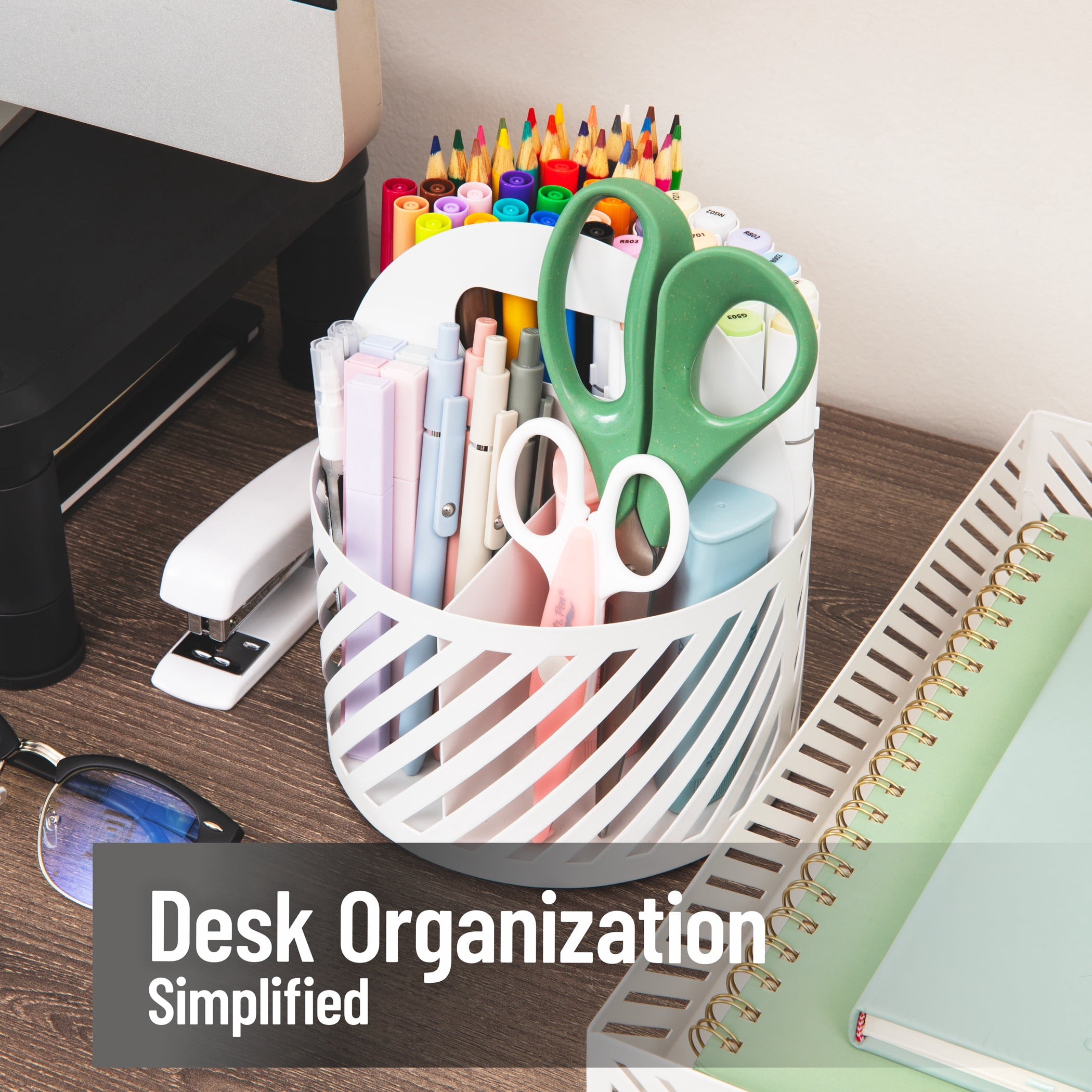 Mind Reader Round Metal Desktop Carousel Organizer with Handle, Four Compartments, Office Supplies and Accessories, Metal, White