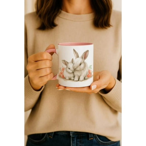 Pink Bunny Mug, Mother's Day Gift, Easter Mug, Bunnover Gift, Rabbit Tea Cup, Animal Coffee Mug