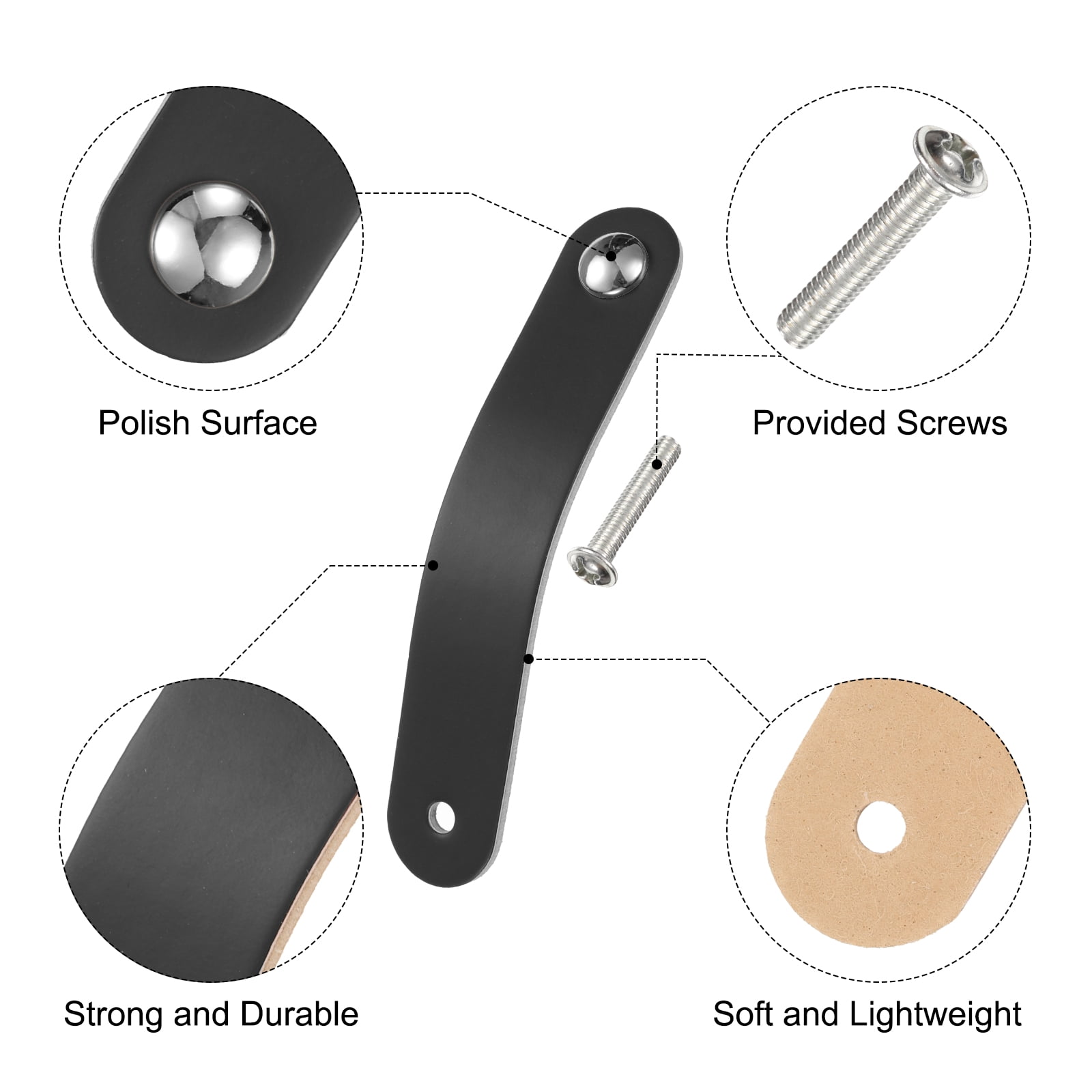 Unique Bargains Leather Pulls Single Hole Leather Knobs for Dressers Black/Silver