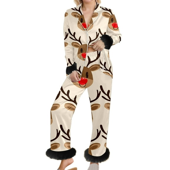 Womens Christmas Pajamas Trim Long Sleeve Christmas Theme Printed Shirts Pants Cozy Sleepwear Set Womens Pjs Beige L