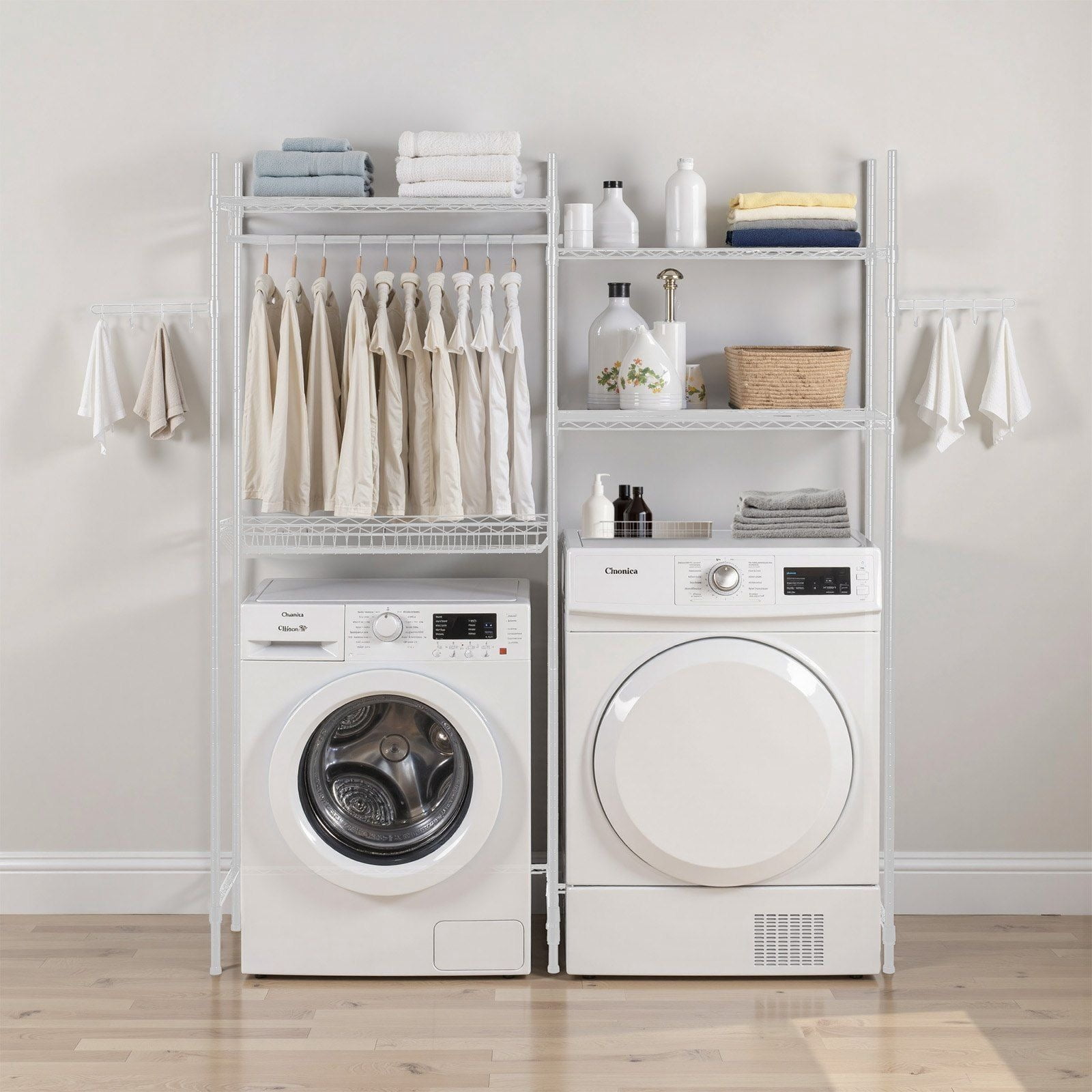 4-Tier Over Washer & Dryer Shelf with Hanger Rod & Hooks, Adjustable Laundry Storage Rack, Space-Saving Organizer, White – Sturdy & Versatile