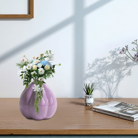 Zenithome Modern Style Ceramic Vase for Indoor Flower Arrangement, Glazed Hydroponic Planter, Purple and White Striped Home Decor Gift