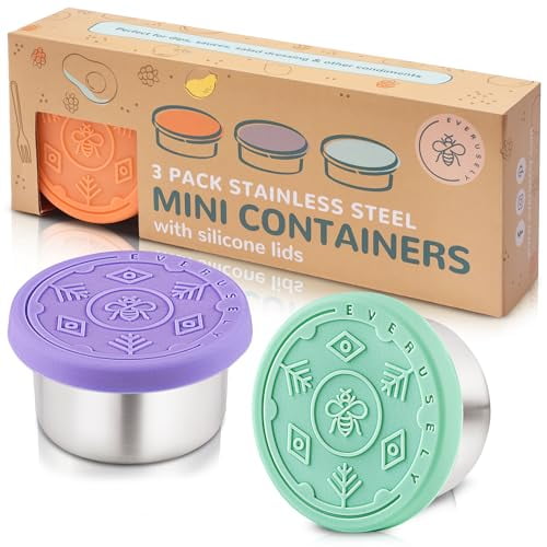 Everusely Mini 3x1.5 oz Leakproof Salad Dressing Container To Go, Stainless Steel Small Condiment Containers with Lids, Sauce Containers For Lunch Box,Dressing Cups with Lids,Dip Containers,Sauce Cups