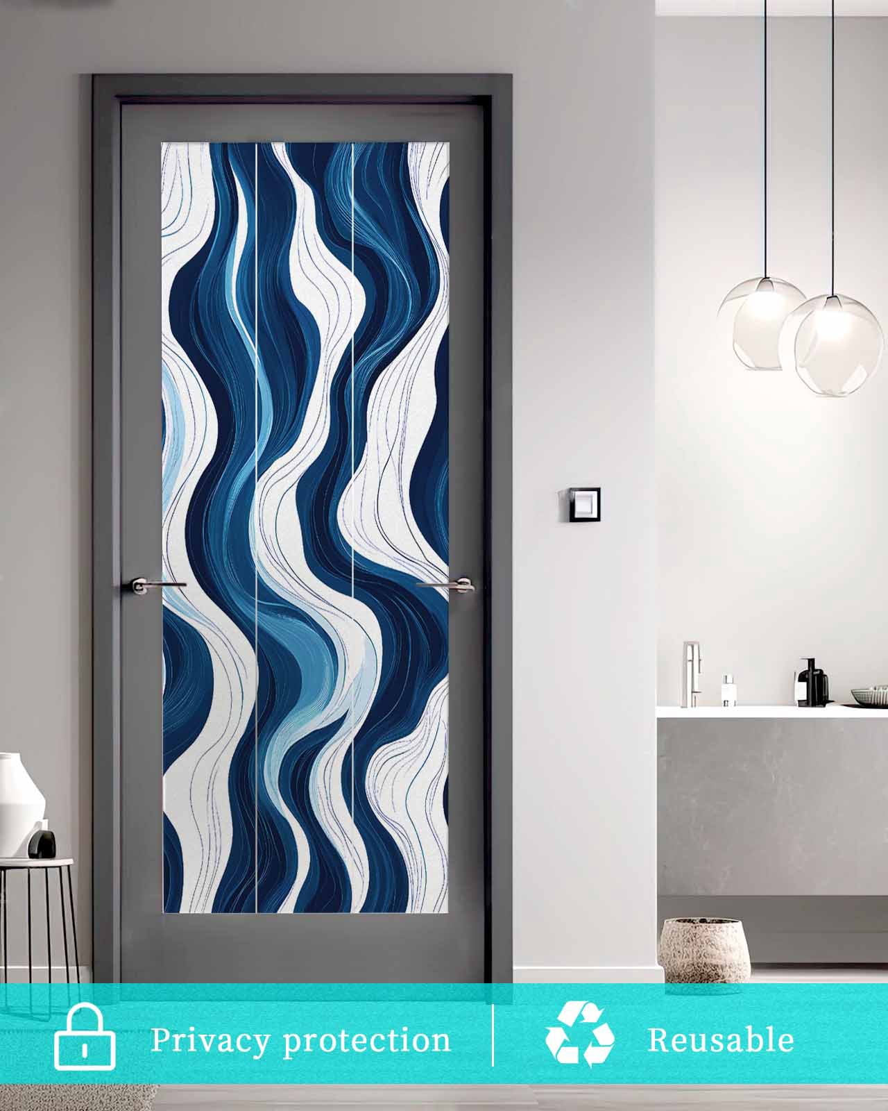 Window Privacy Film Blue Stripe Stained Glass Window Film Decorative Sun Block Window Cover Geometric White Coastal Wave Modern Ocean Window Clings Static Adhesive Sticker for Bathroom 35.4"x78.7"