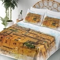 thumbnail image 3 of Ambesonne Retro Fitted & Top Sheet Set with Shams, Historic Italian Town, Orange White, 3 of 5