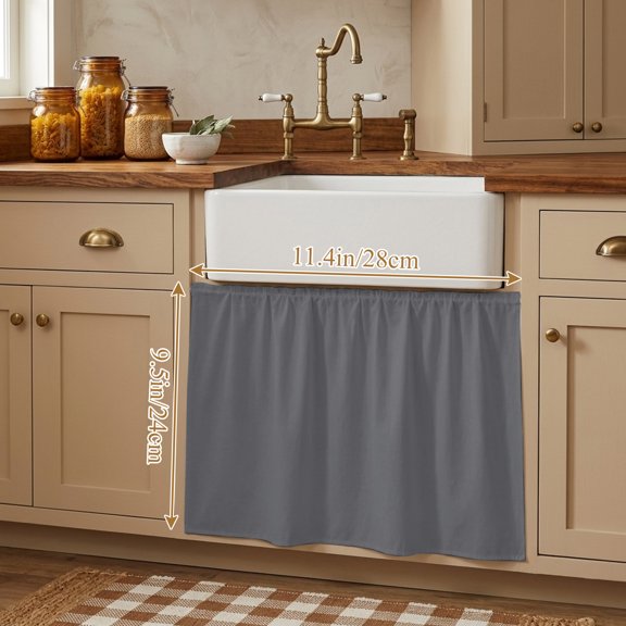 Grey Pure Color Small Cabinet Curtains 10"W x 11"L, Aesthetics Contemporary Luxury Sink Skirt Dust-Proof Short Curtain for Bathroom Vanity Storage Cubby Desk, Self Adhesive Privacy Drapes