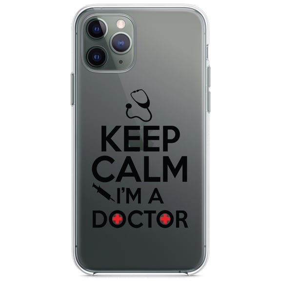 DistinctInk Clear Shockproof Hybrid Case for iPhone 11 Pro (5.8" Screen) - TPU Bumper Acrylic Back Tempered Glass Screen Protector - Keep Calm I'm A Doctor