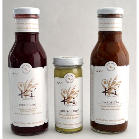 3 pack Mexican Gourmet Salsas: Cielo Rojo (Blackberry and Morita Chili Sauce), La Adelita (Chipotle Chili Sauce) and Cielito Lindo (Jalapeño Chili Sauce) by Ki' Gourmet