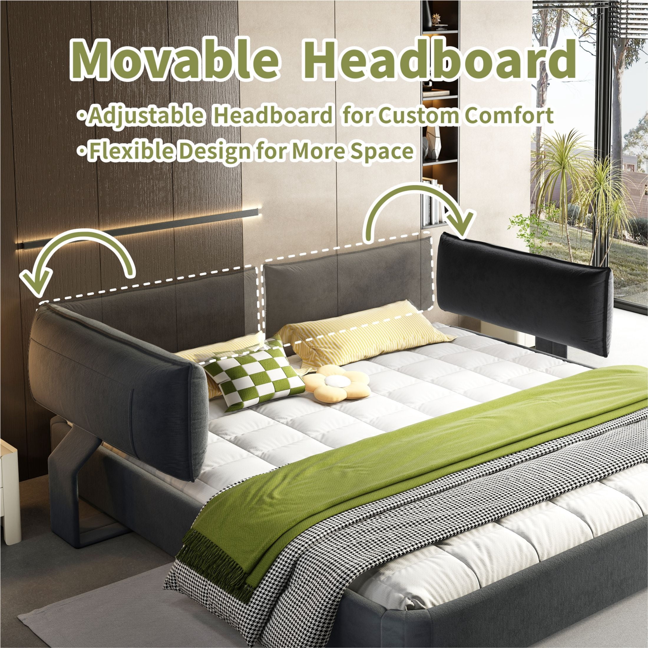 Noble House Misty King Size Chenille Upholstered Cloud Bed Frame, Adjustable Swivel Headboard & Round Corners, Dark Grey