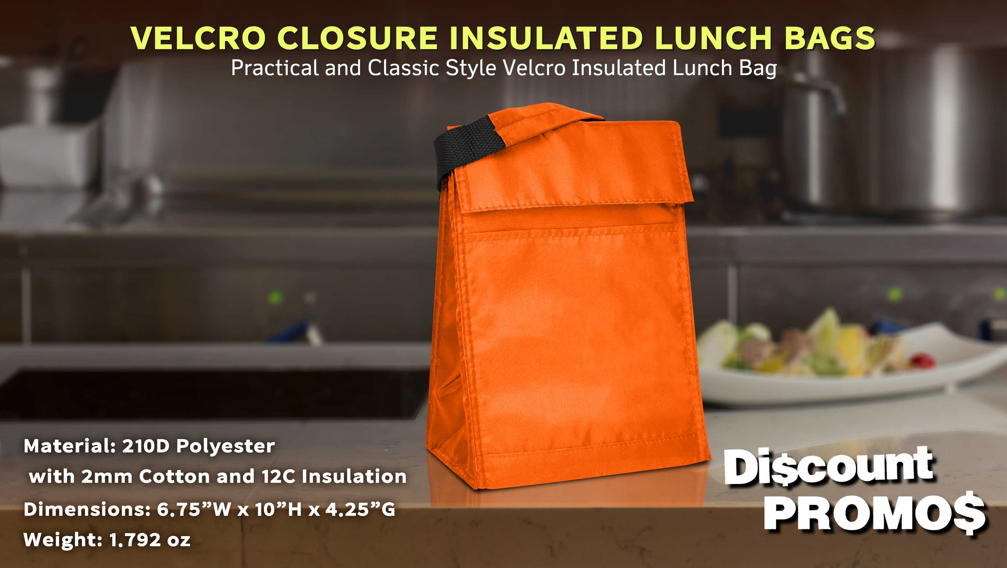 10 Hook and Loop Insulated Lunch Bags Set - Polyester, Durable, Vibrant, Reusable - Orange