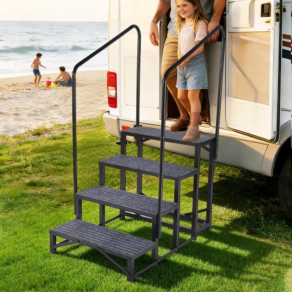 RV Steps with Handrail, 4 Steps Hot Tub Steps Outdoor RV Stairs Step Portable Mobile Motor Home Stairs for Camper Travel Trailers Dock Entry Steps Wheel RV Porch with Anti-Slip Handrail