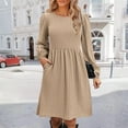 thumbnail image 5 of WTOBBY Women's Fashion Casual Solid Round Neck Pullover Loose Long Sleeve Dress Minimalist Style with Easy Pull-On Design Comfortable Fabric for Everyday Wear Wardrobe Staple,Khaki XL, 5 of 5